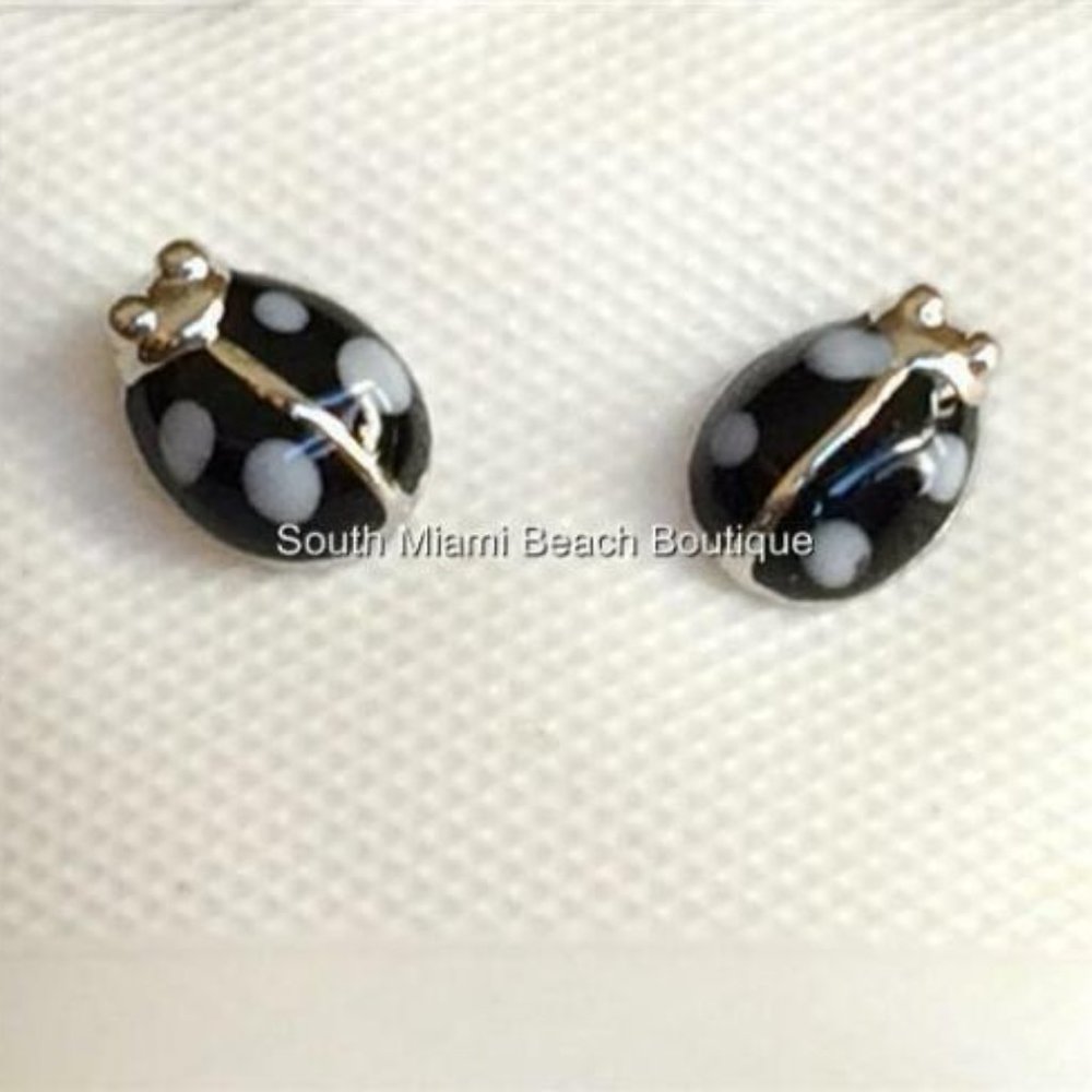 Silver Tone Ladybug Earrings Black White Enamel Dainty Post Stud